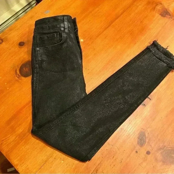 Free People x We The Free High Rise Coated Skinny Jeans Black 25 raw-cut hem - Picture 4 of 15